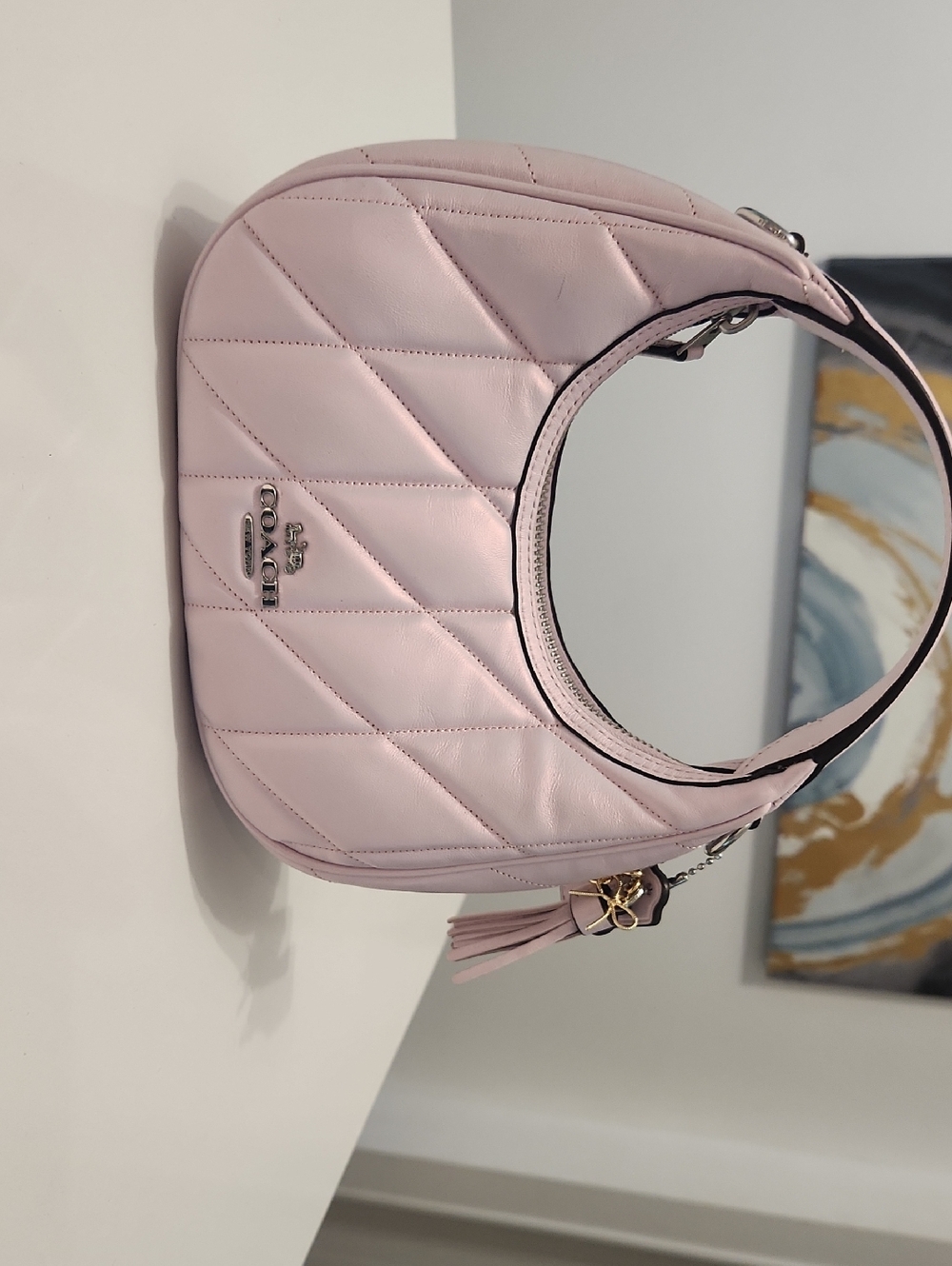 Coach Quilted Shoulder Bag in Pale Pink Pearlescent with Tassel & Charms
